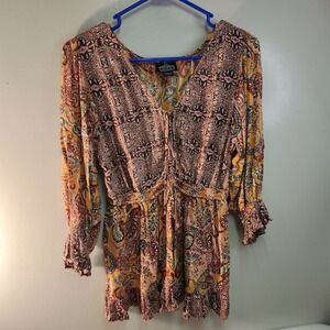 Angie Top Womens Large Boho Tunic Multicolor V Neck Rayon India